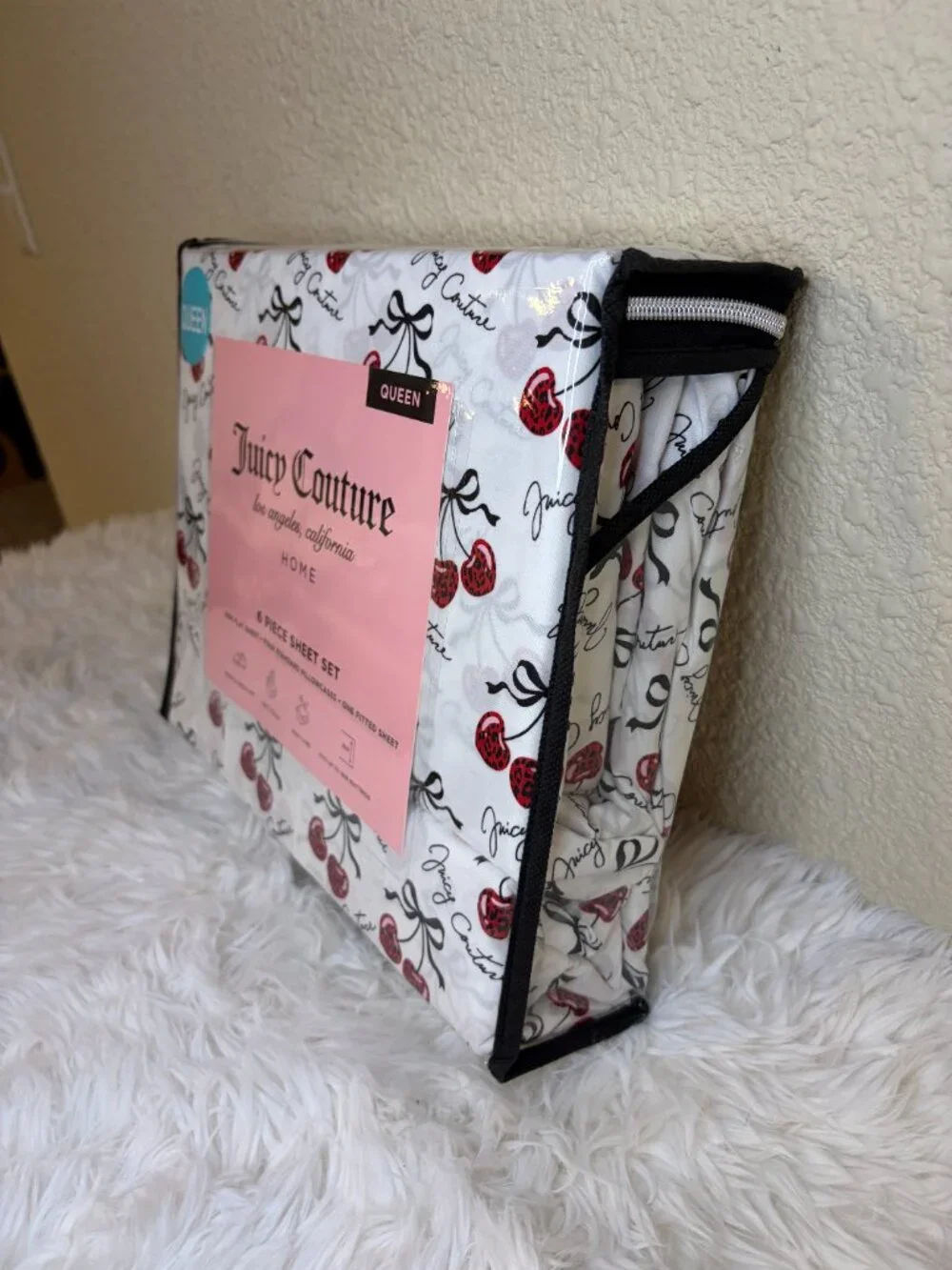 Juicy Couture Queen Cherry Bow Sheet Set 6 Pc White Black Pink NWT
